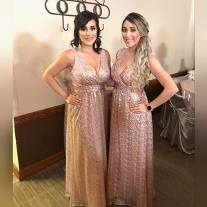 David’s Bridal Sequin V-Neck Bridesmaid Dress with Empire Waist in Rose Gold